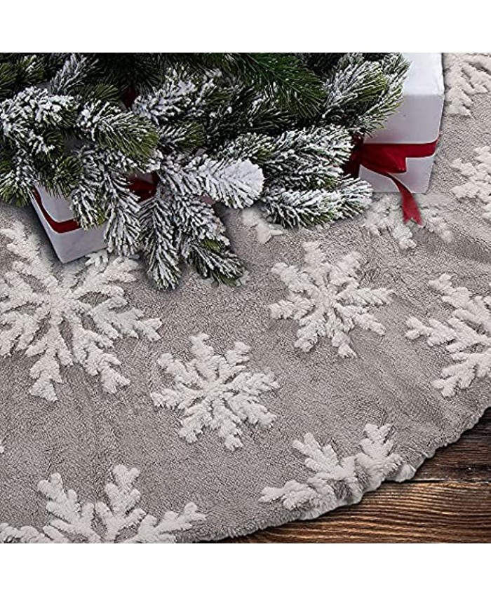 Hoojo Christmas Tree Skirt 48 Inch Jacquard Cashmere Snowflakes Tree Skirt Xmas Plush Tree Mat for Holiday Party Indoor Decorations