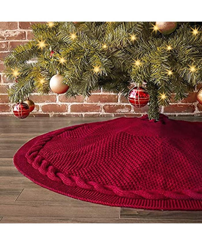 LimBridge Christmas Tree Skirt 48 inches Cable Knit Knitted Thick Rustic Xmas Holiday Decoration Burgundy