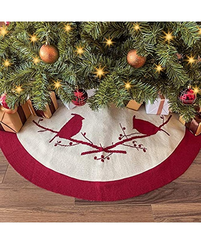 LimBridge Christmas Tree Skirt 48 inches Knitted Thick Cardinals Birds Rustic Xmas Holiday Decoration Cream and Burgundy