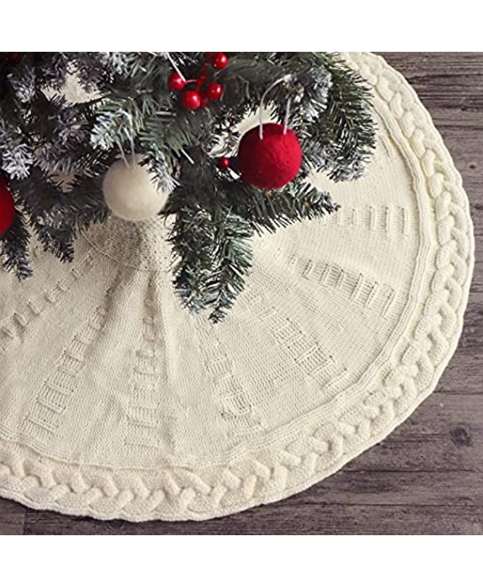 LimBridge Knitted Christmas Tree Skirt 36 Inches Cable Knit Edge Rustic Heavy Yarn Tree Skirts for Xmas Decor Holiday Decoration Cream White