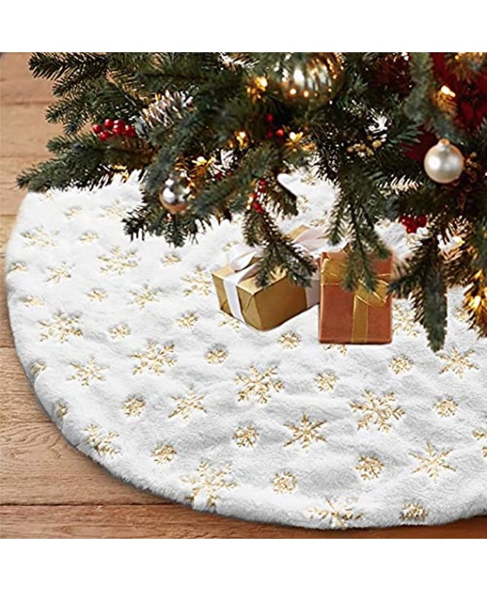 LOMOHOO Christmas Tree Skirt Large White&Gold Luxury Faux Fur with Snowflakes Tree Skirt Christmas Decorations Plush Tree Skirts Xmas Ornaments Gold Snowflakes 36 inches 90cm