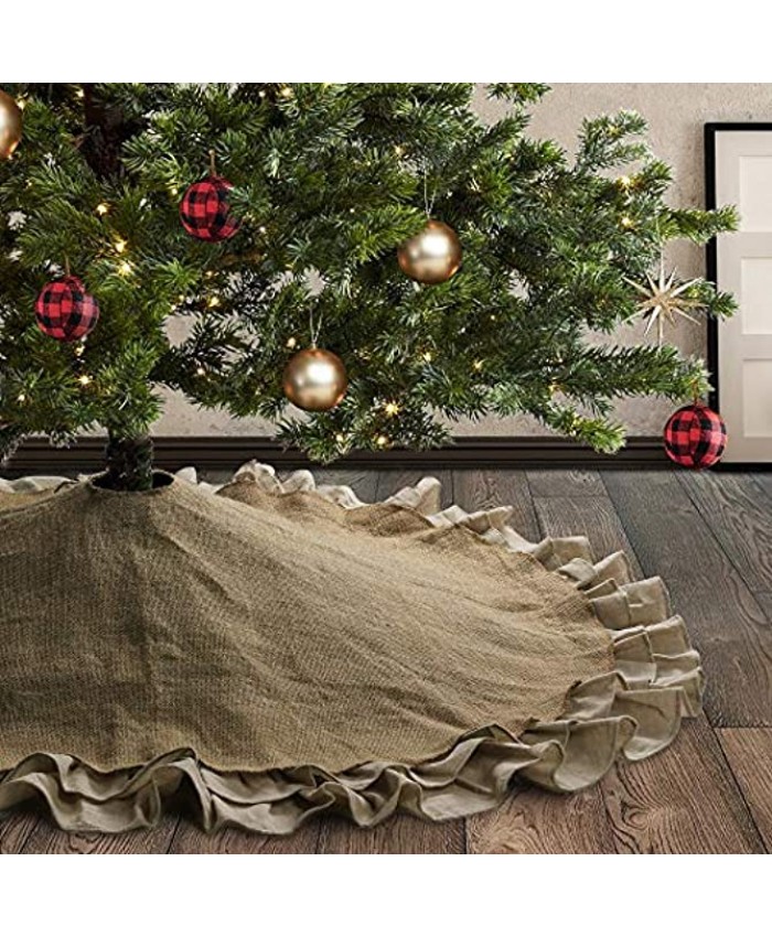 Meriwoods Burlap Christmas Tree Skirt 48 Inch Large Natural Jute Tree Collar with Ruffled Linen Trim Country Rustic Indoor Xmas Decorations