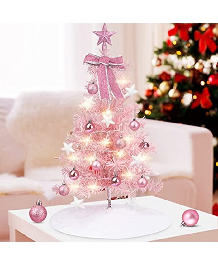 Oryidr Mini Christmas Tree,24" Small Christmas Tree with Christmas Lights Christmas Ornaments Christmas Tree Skirt Red Pink