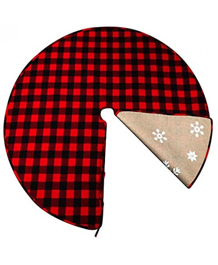 OurWarm 48 Inch Christmas Tree Skirt Red and Black Buffalo Plaid Christmas Tree Skirt Double Sided Burlap Tree Skirt Snowflake Xmas Tree Skirt for Holiday Rustic Vintage Christmas Decorations
