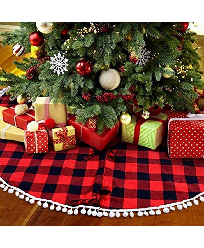 OurWarm 48 Inch Plaid Christmas Tree Skirt Red and Black Buffalo Plaid Check Tree Skirt with Pom Pom Double Layers Rustic Xmas Tree Skirt for Indoor Outdoor Holiday Christmas Decorations