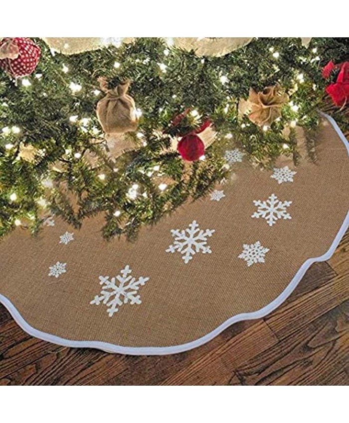 OurWarm Christmas Tree Skirt 30 Inch Burlap Tree Skirt White Snowflake Printed Christmas Decorations New Year Party Supply