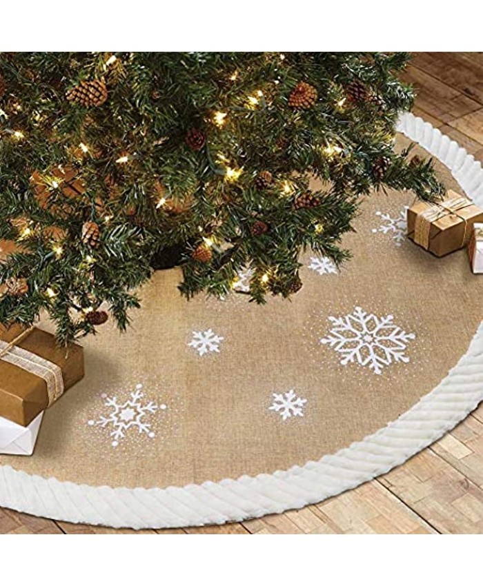OurWarm Christmas Tree Skirt 48inch White Snowflake Fur Burlap Tree Skirt for Xmas Decor Festive Holiday Decorations Indoor Outdoor