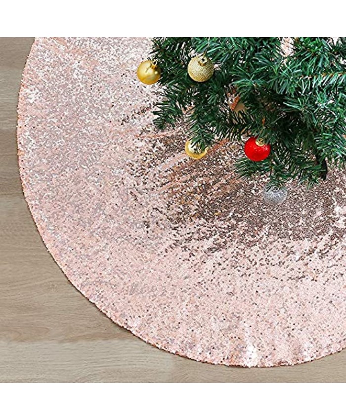 Rose Gold Tree Skirt 48 Inch Large Christmas Tree Supplies Sequin Tree Skirt for New Year Xmas Tree Mat