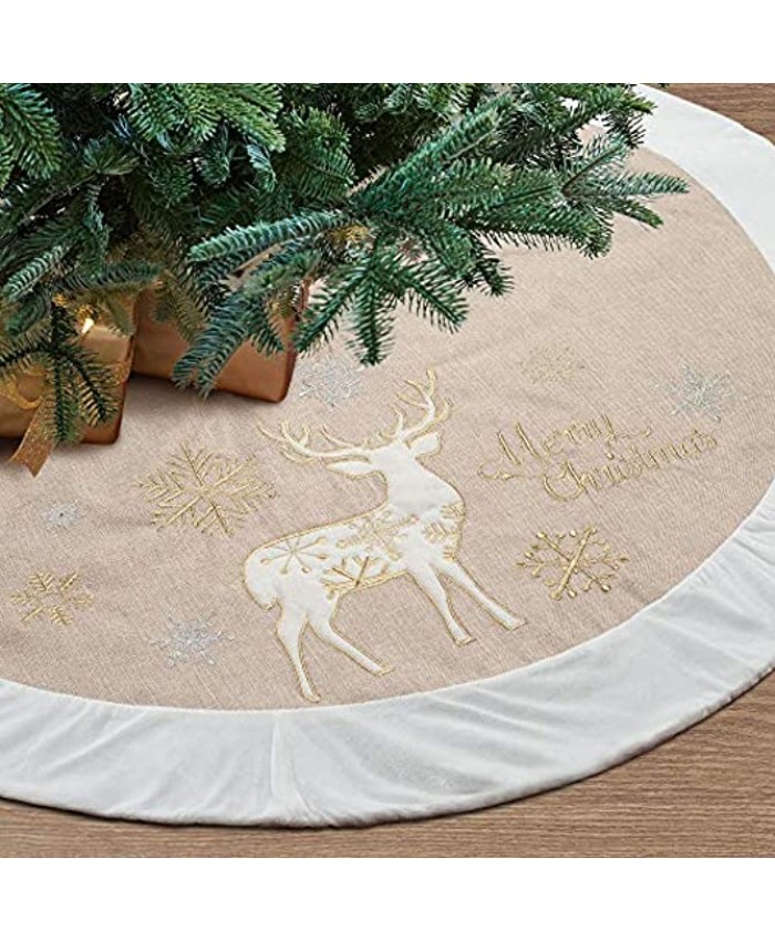 S-DEAL Christmas Tree Skirt Burlap Embroidery Reindeer Tree Skirt with White Border for Xmas Party Holiday Decorations