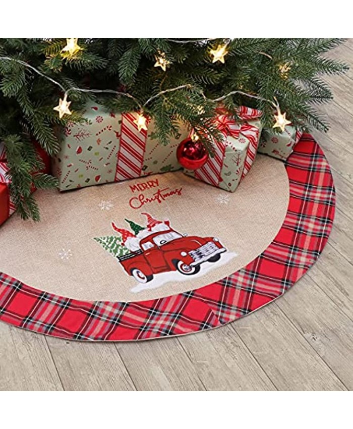 SDKBVOC Christmas Tree Skirt Burlap with Buffalo Check Rustic Country Red Truck and Gnomes Xmas Holiday Home Decoration 32 inches