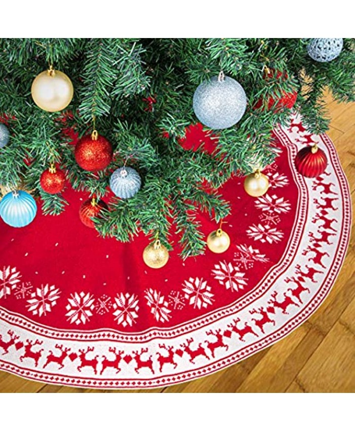 SEKKVY Christmas Tree Skirt 48 Inch Large Rustic Christmas Tree Mat with Snowflake Reindeer Red Knitted Xmas Tree Skirts for Christmas New Year Home Party Decorations