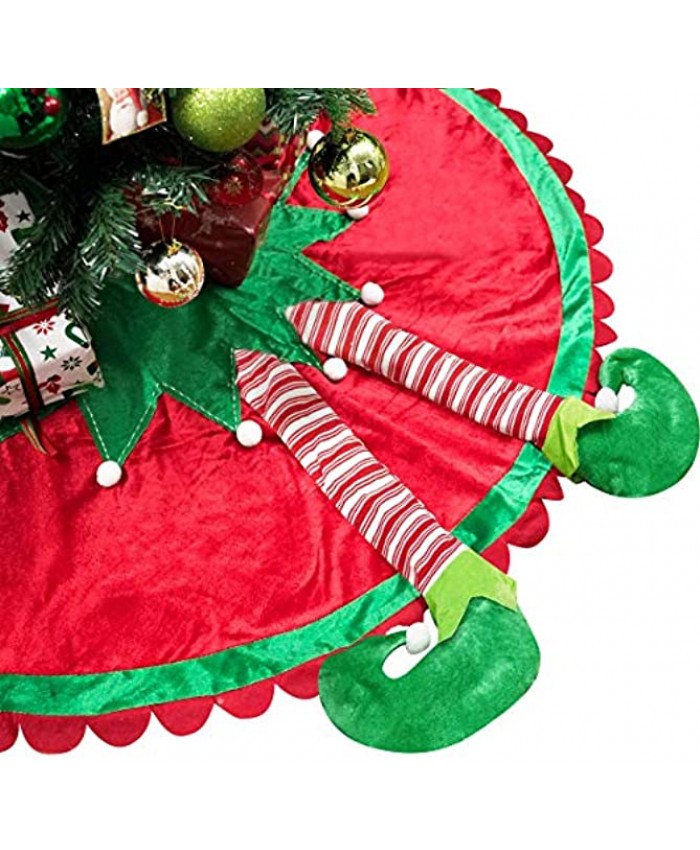 TANGJING 60 inch Big Size! Elf Christmas Tree Skirt with Candy Striped Legs and Ripple Trim Border for Xmas Elves Themed Decoration Santa Helper Under Tree Ideas for Holiday Party Décor