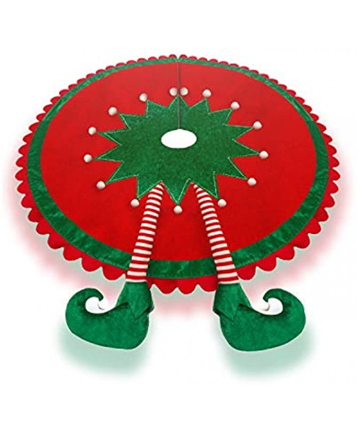 TangJing Elf Christmas Tree Skirt with Delightful Legs.Ripple Trim Border Large 48 inches Round Indoor Outdoor Mat Xmas Party Holiday Decoration.