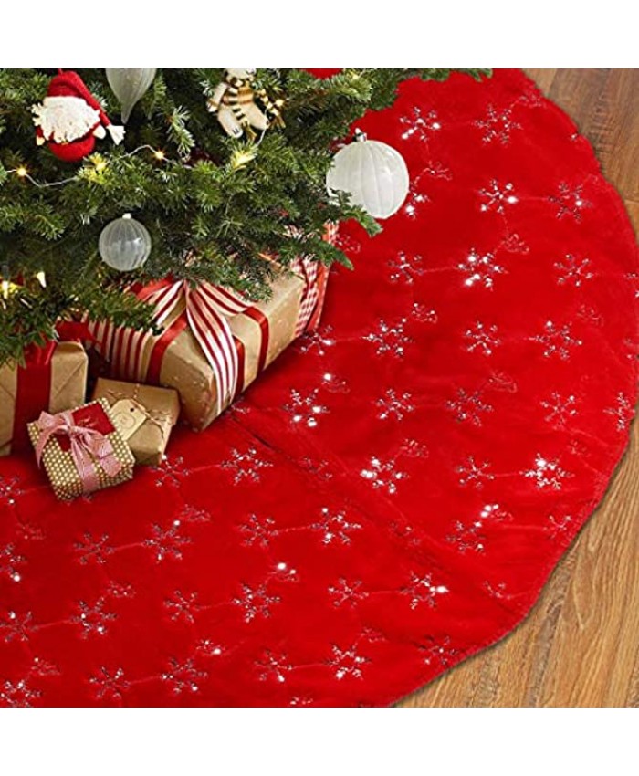 TOBEHIGHER Christmas Tree Skirt 48 Inches Large Red Tree Skirt with High End Soft Faux Fur Tree Skirt for Christmas Decorations Indoor Outdoor Red