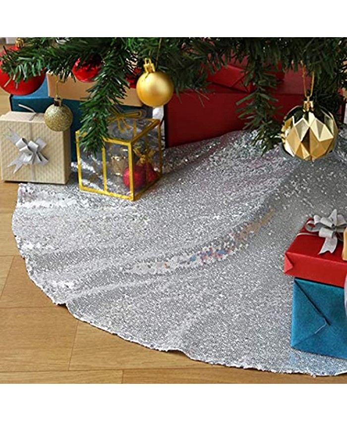 Tree Skirt Silver Sequin Tree Skirt 24 inch Christmas Decorations Christmas Tree Skirt Mats for New Year Holiday Party Tree Ornaments