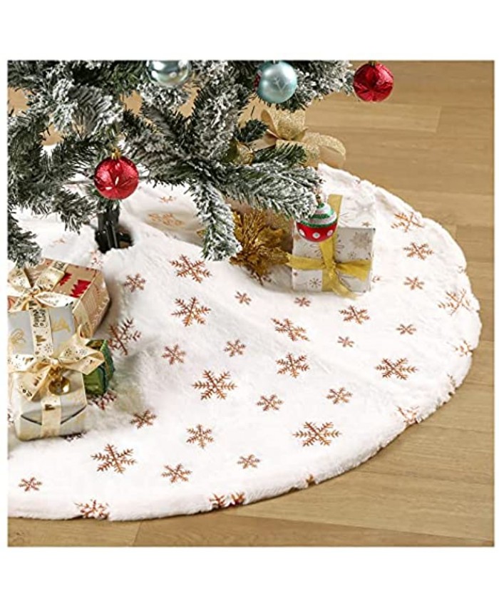 White Christmas Tree Skirt 36 Inches Faux Fur Tree Skirts Rose Gold Snowflakes Plush Tree Skirts Small Xmas Tree Skirt for Christmas Tree Decorations Ornaments