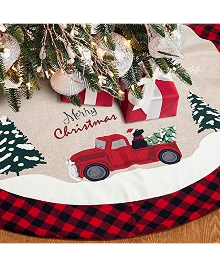 XAMSHOR 48 Inches Burlap Christmas Tree Skirt with Red and Black Plaid Border Embroidered Tree Skirt Decor for Xmas Decorations
