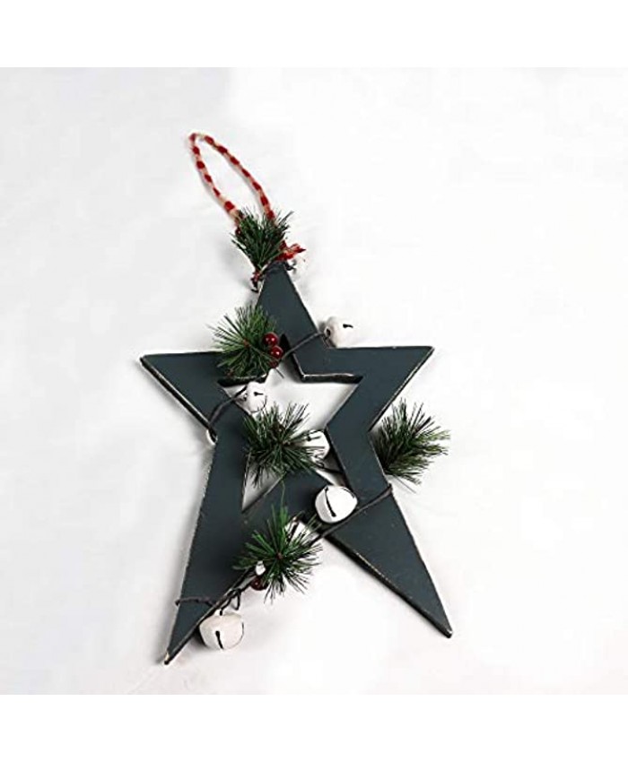 36cm Green Wooden Star Wall Hanging Ornament Decorated with White Bells Berries and Pines Christmas Holiday Home Decorations