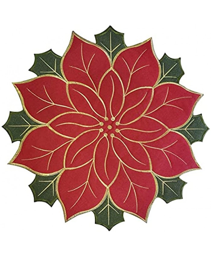 Halo Christmas Tree Stand Mat Pat 28 inch Quilted & Embroidered Poinsettia for Protection Floor & Decorations Christmas Holiday Red Green