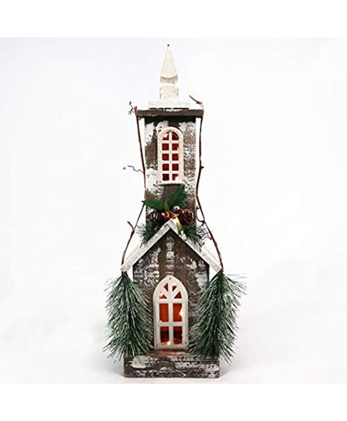 SHATCHI Christmas Holiday Home Décor Battery Operated Wooden House Tabletop Centrepiece with Berries Pines and Small Warm White Bulbs-43cm 52cm 66cm Wood 15 x 10 x 52H cm
