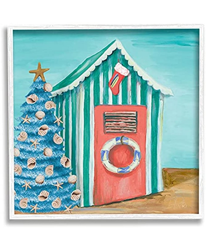 Stupell Industries Nautical Shell Blue Christmas Tree Striped Beach Tent Designed by Patricia Pinto White Framed Wall Art 12 x 12