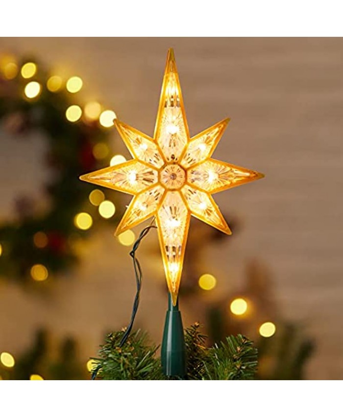 11” Christmas Star Tree Topper Retro Acrylic Golden Bethlehem Star Treetop Built in 10 Bulbs Polar Star Topper Plug in Green Cord 4 Bulbs 2 Fuses Spare for Christmas Tree Decorations ,Clear