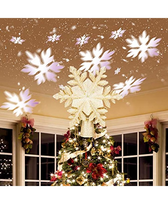 Benjia Christmas Tree Topper Lighted with White Snowflake Projector,3D Glitter LED Rotating Snowflake Lighted Tree Topper for Christmas Tree Decoration DecorationsGold