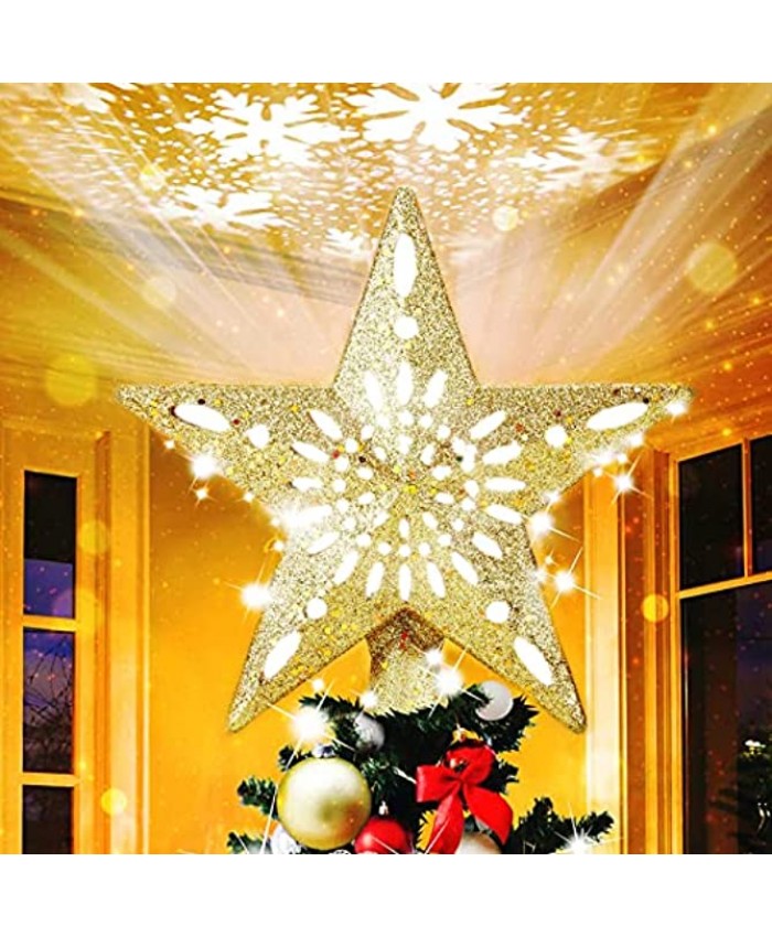Catisinmyo Christmas Tree Topper,Christmas Tree Star Topper Lighted with White Rotating Snowflake Projector,3D Hollow Glitter Lighted Golden Tree Topper for Christmas Tree Decorations Golden