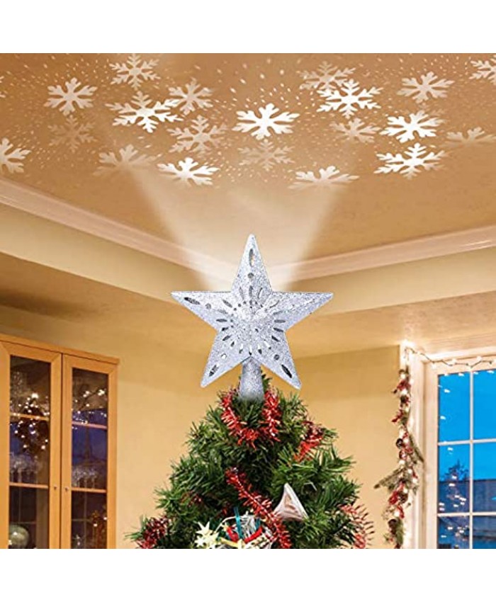 Christmas Tree Topper Lighted Star [Silver],3D Hollow Sparkling Star Christmas Tree Topper with Rotating Magic Cool White Snowflake Projector for Christmas Tree Ornament Silver