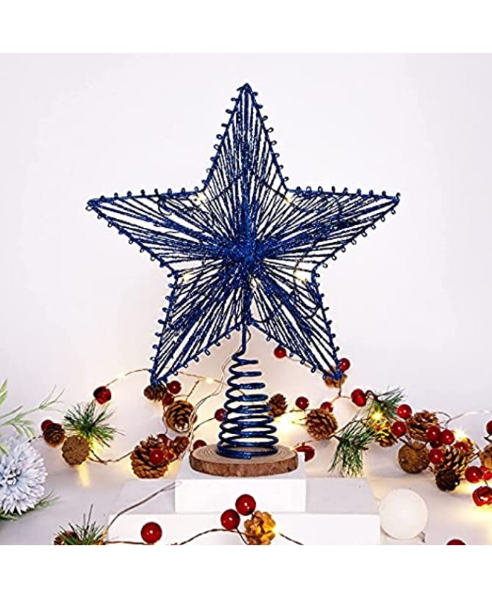Christmas Tree Topper Star 10 inch Blue Glittering Hollow Wire Star Topper with Warm White LED Light for Home Festive Party Holiday Decoration Fit for General Size Xmas Tree