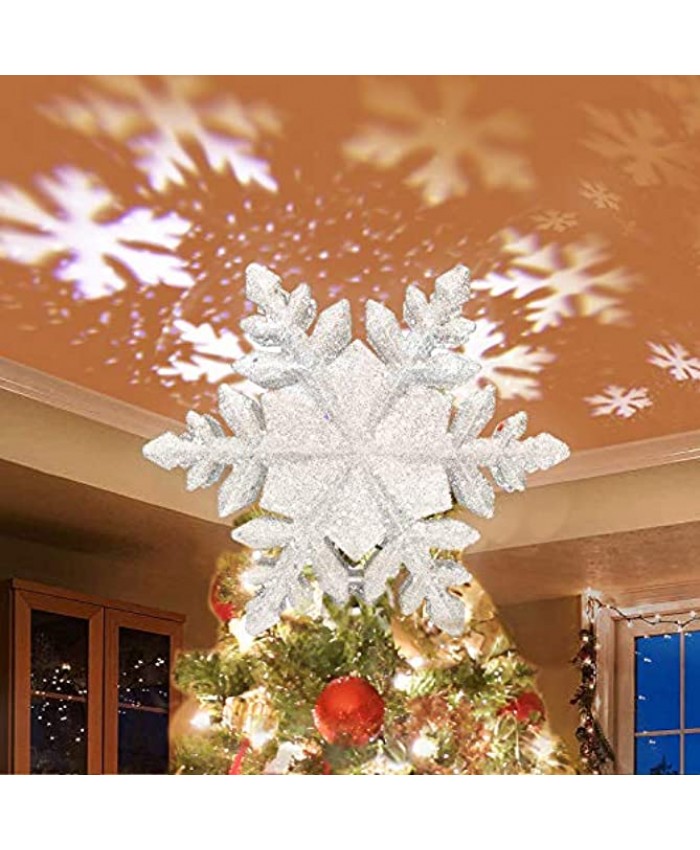 Christmas Tree Topper Star Lighted,3D Glitter Sliver Snow Tree Toppers Snowflake Projector Lights Lighting for Decoration