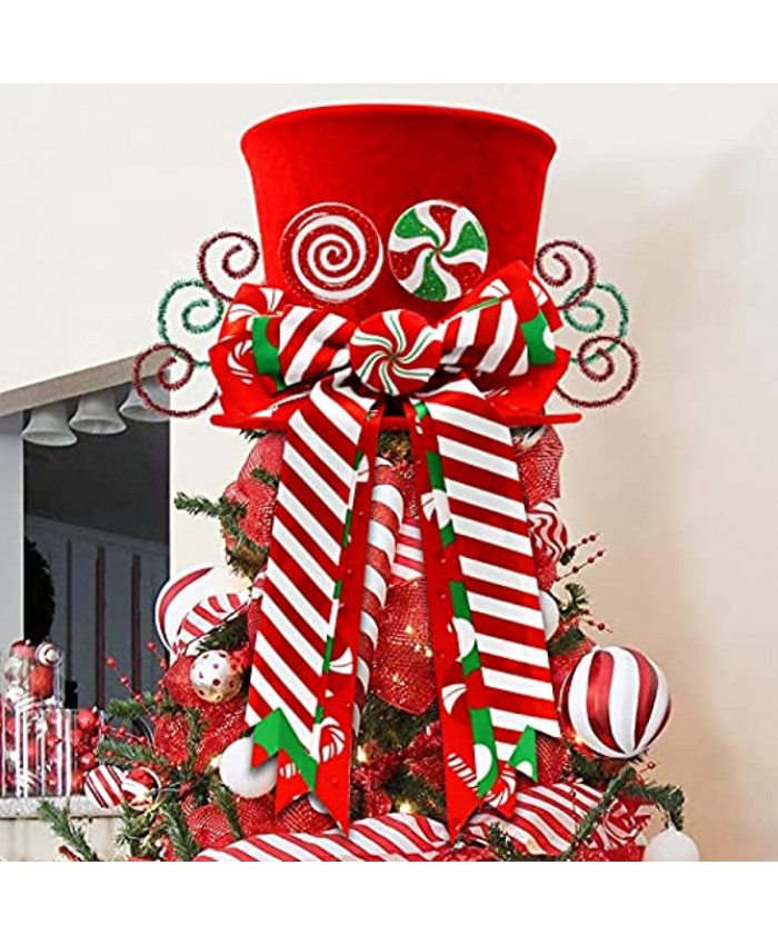 CiyvoLyeen Christmas Candy Canes Tree Topper Red Hat with Peppermint Bows Ornament Winter Lollipop Holiday Home Decoration Xmas Festive Gift Ideas Supplies