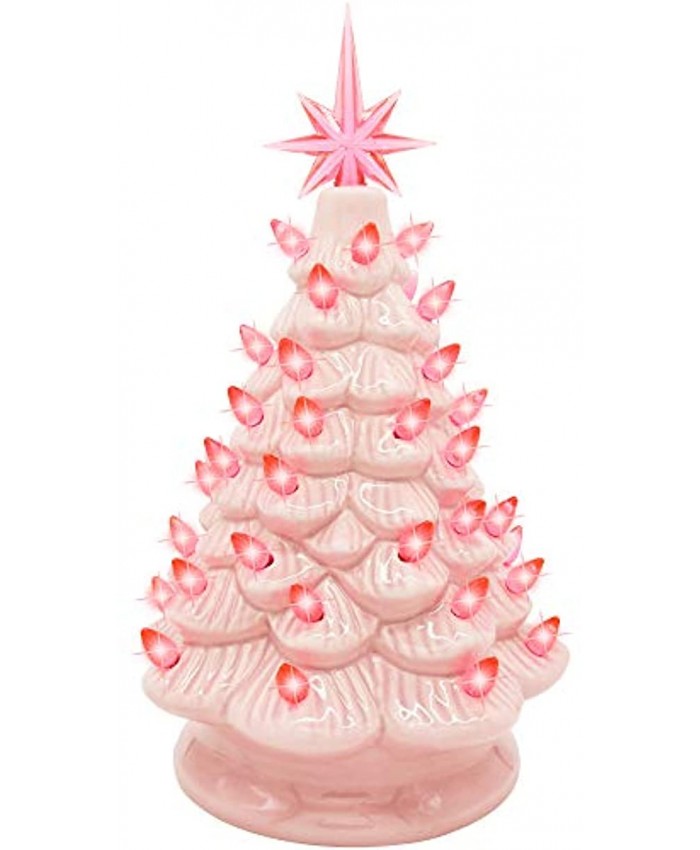 Joiedomi 12" Pink Ceramic Christmas Tree Prelit Tabletop Christmas Tree with Extra Pink Star Topper & Bulbs for Best Desk Decoration