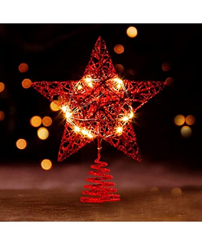 Joiedomi Christmas Tree Toppers Glitter Red Star Tree Topper Lighted with Warm White LED Lights for Xmas Tree Decorations Holiday Party Indoor Decor