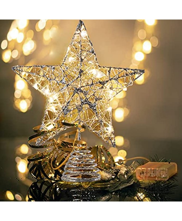 Joiedomi Christmas Tree Toppers Glitter Silver Star Tree Topper Lighted with Warm White LED Lights for Xmas Tree Decorations Holiday Party Indoor Decor