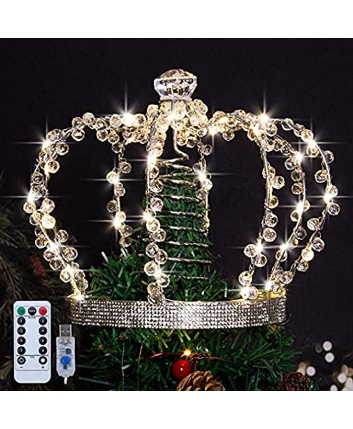 LAWOHO Christmas Tree Topper Star Jeweled Crown with 60 Warm White LED USB Lighted Tree Topper Xmas Tree Decor with Remote Control 8 Lighting Mode Timer Dimmer for Christmas Tree Ornament（Silver