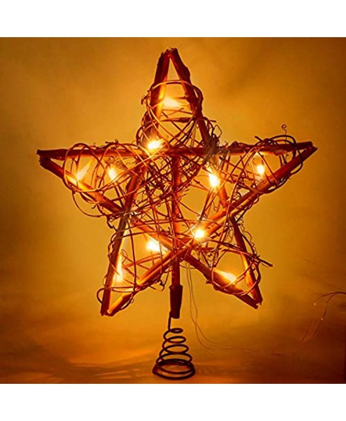 NEWBE 10 LED Lights Christmas Star Tree Topper,Rattan Rustic Christmas Tree Topper for Home Decorations