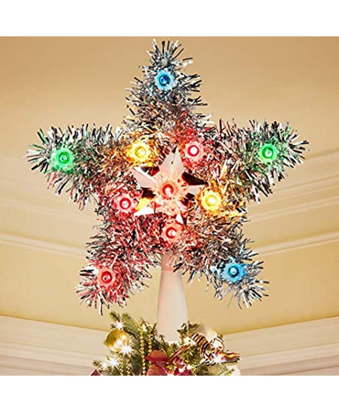 Tinsel Wreath Tree Topper with 10 Mini Lights 8” Colorful Star Christmas Tree Top for Indoor Outdoor Office Holiday Decorations Multicolored