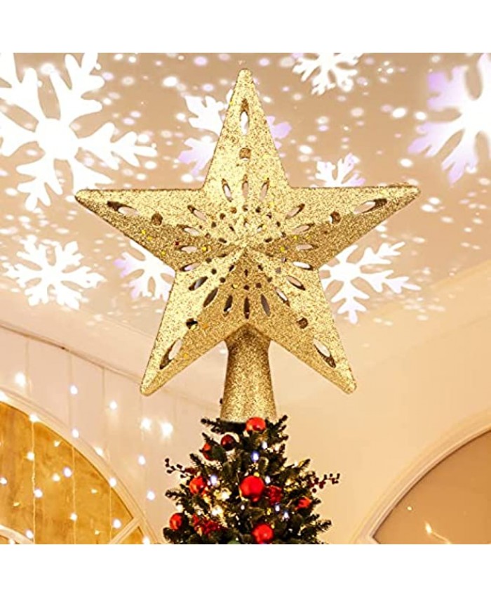 Tree Topper Christmas Tree Topper Star with Rotating Snowflakes LED Projector，3D Gold Glittered Tree Toppers Christmas Decorations