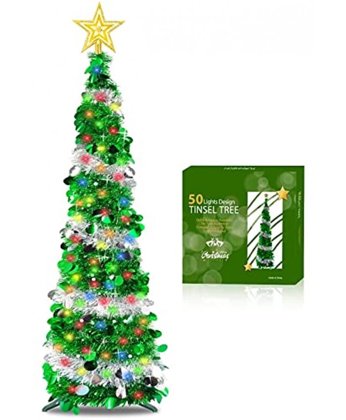 TURNMEON 5 Ft Tinsel Prelit Christmas Tree with Timer 50 Color Lights Pop up Christmas Tree Battery Operate Sequin Ball Ornaments Holiday Xmas Decoration Indoor Home Party Supplies Green