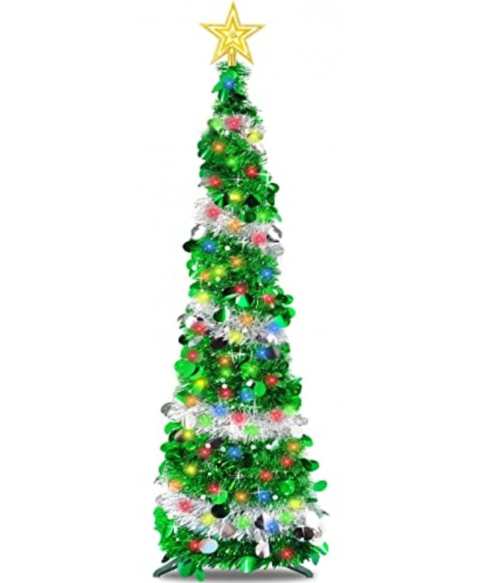 TURNMEON 5Ft Pop Up Christmas Tinsel Tree Decoration with Timer 50 Color Lights Star,Pre-lit Christmas Tree Decoration with Ball Ornaments Battery Operated Xmas Indoor Home Decor Green Silver