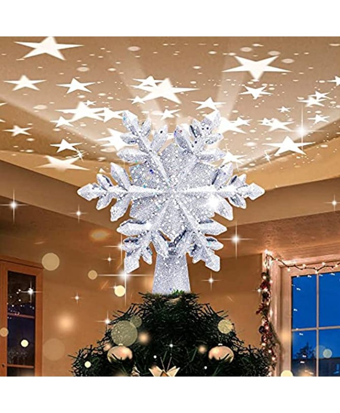 Yostyle Christmas Tree Topper Lighted Snowflake Tree Topper with LED Rotating Star Projector Lights 3D Silver Snowflake Star Tree Topper for Xmas Tree Decorations