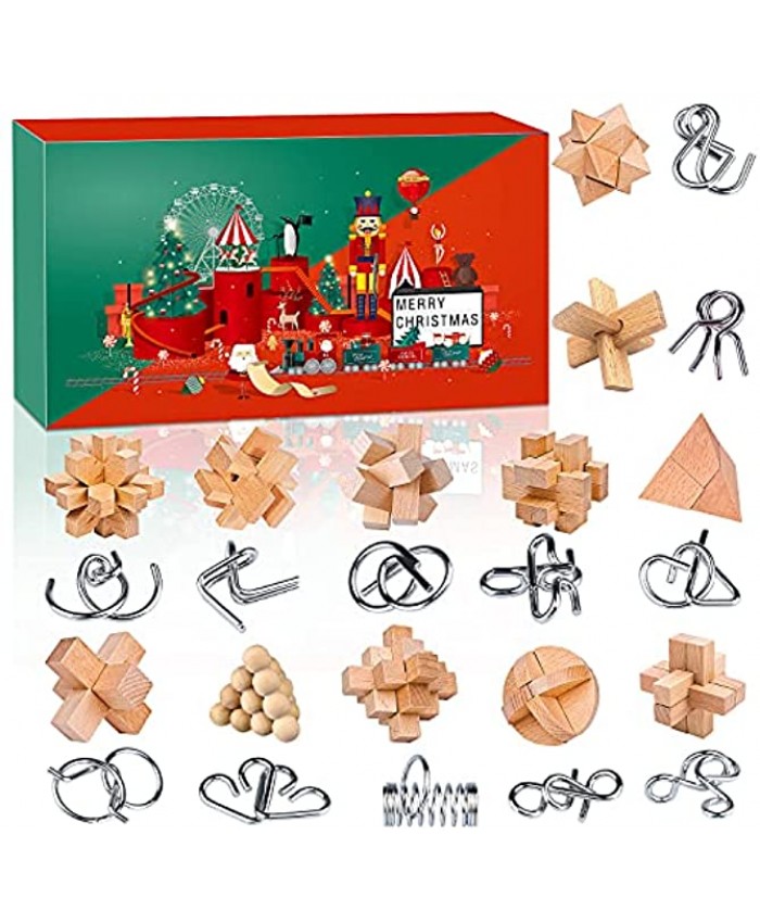 Advent Calendar 2021 24 Days of Christmas Countdown Calendar with Metal Wire and Wooden Brain Teaser Puzzle Toys Kid Advent Calendar for Boys Girls Teens Adults Xmas Gift