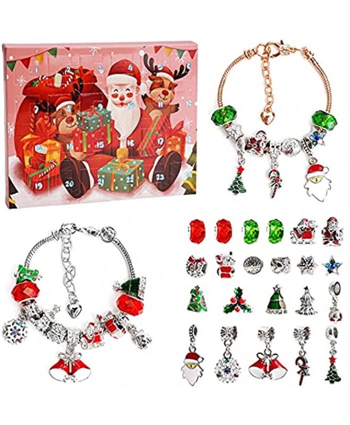 Advent Calendar 2021 Christmas Countdown Calendar Christmas Themed DIY Charm Bracelet Making Kit for Girls Jewelry Gift Set Including 22 Charms Beads 2 Bracelets