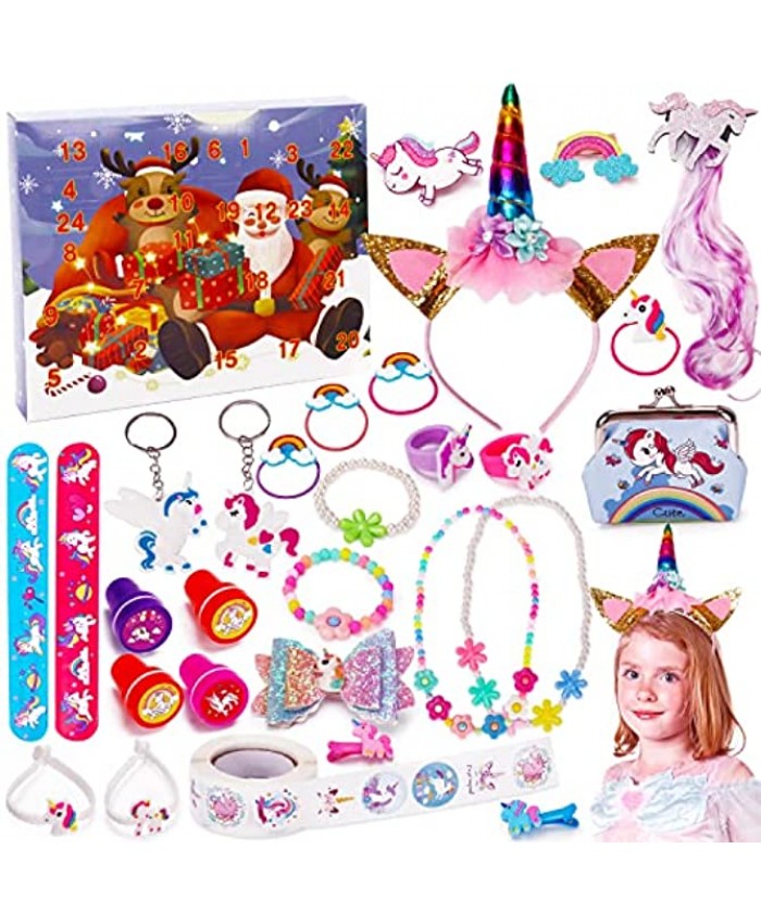Advent Calendar for Kids 2021 Christmas 24 Days Countdown Surprise Calendars Girl Gift Unicorn Toys Including Hair Accessories Jewelry Stickers Stamps Rings Purse Xmas Party Favor