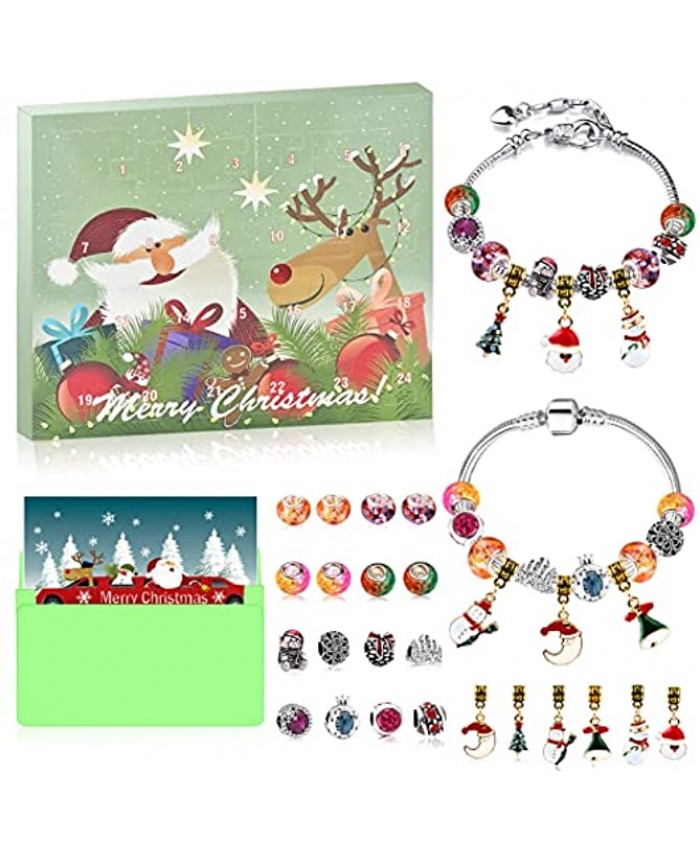 CAXIENDT 2021 Christmas Advent Calendar for Girls,24-Days Xmas Countdown Calendar DIY Bracelet Making Kit Includes 22 Exquisite Beads 2 Bracelet for Girls and Teens Green
