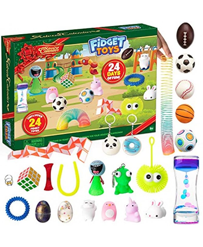 Christmas 24 Days Countdown Advent Calendar with 24 Pressure-Relief Toys with Mochi Squishy Slime Keychain and other Assorted Fidget Toys for Boys Girls Kids and Toddlers Xmas Party Favor Gifts
