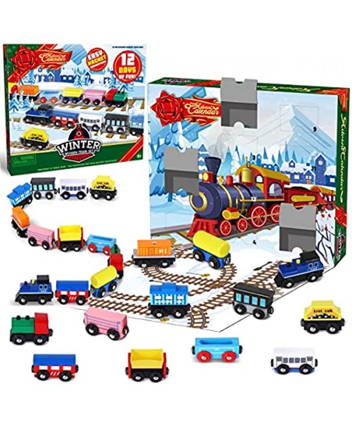 JOYIN 2021 Advent Calendar Kids Christmas 12 Days Countdown Calendar Toys for Kids with Magnetic Wooden Train Cars