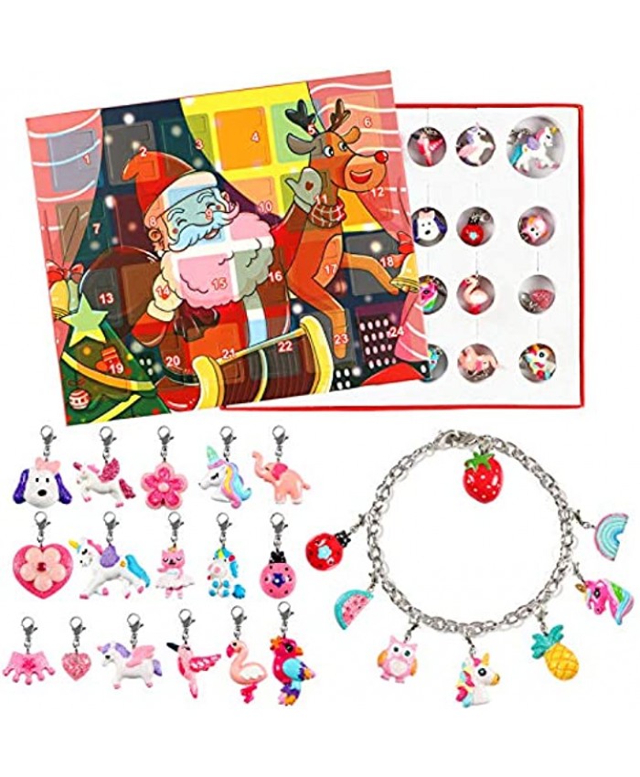 Lorfancy 24 Days Christmas Advent Calendar 2021 Christmas Countdown Calendar 24 Charms with Bracelet Necklace Set Fashion Jewelry for Kids