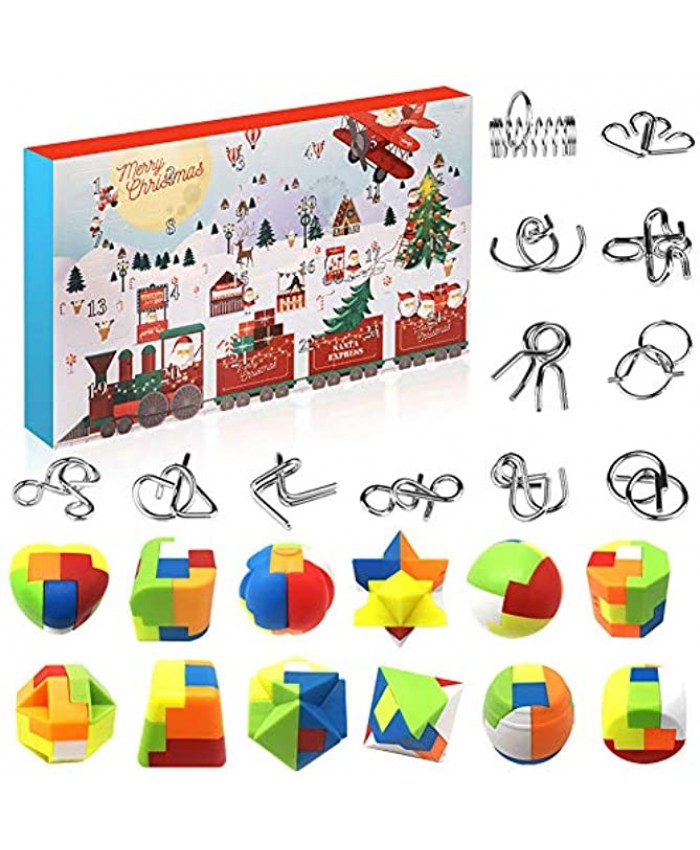 Metal Wire and Plastic Puzzles Advent Calendar 2021 Christmas Countdown Calendar Xmas Gift Box with 24 Pieces Magic Brain Teaser Toy Puzzles for Countdown Holiday Kids Teens Adults Challenge